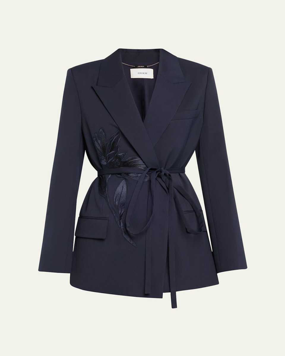 Flower Double-Breasted Belted Wool Blazer